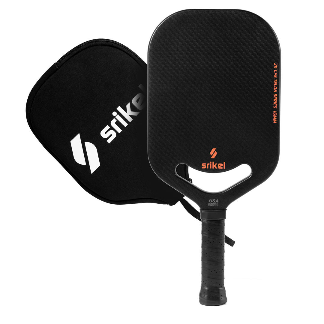 A Black color Srikel Telon pickleball paddle with a carbon fiber design and orange grip is shown alongside a matching black neoprene paddle cover for protection.