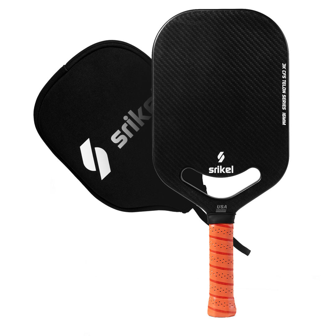 A Orange Srikel Telon pickleball paddle with a carbon fiber design and orange grip is shown alongside a matching black neoprene paddle cover for protection.