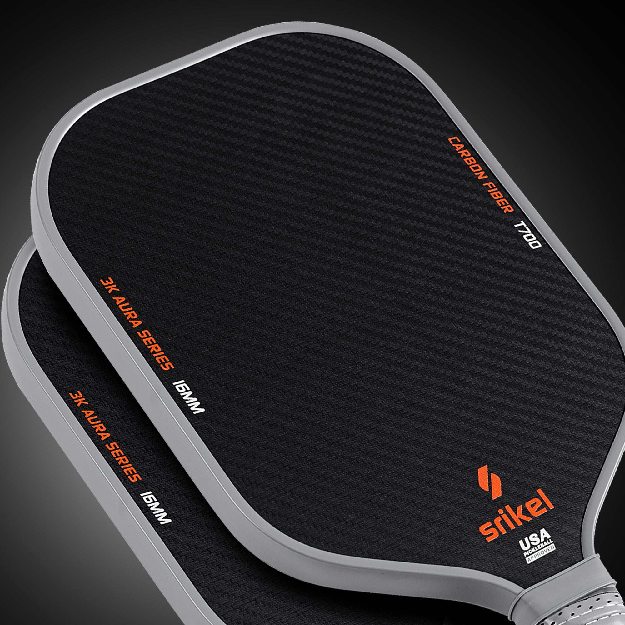 A close-up of Srikel pickleball paddles showcasing their carbon fiber T700 surface, 16mm thickness, and 3K Aura Series design.