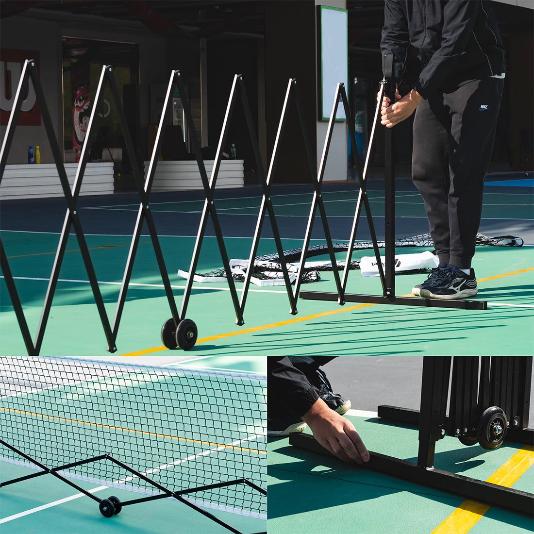 A man is assembling a portable Strikel P1 net system with a steel collapsible frame  and wheels for easy setup and movement on an outdoor court.