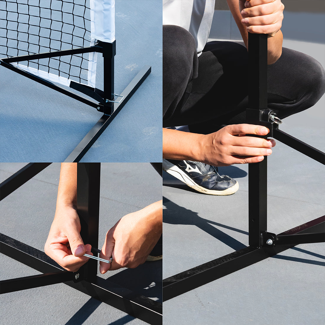 A man is assembling the Strikel P1 net system, securing the steel frame and base together firmly.