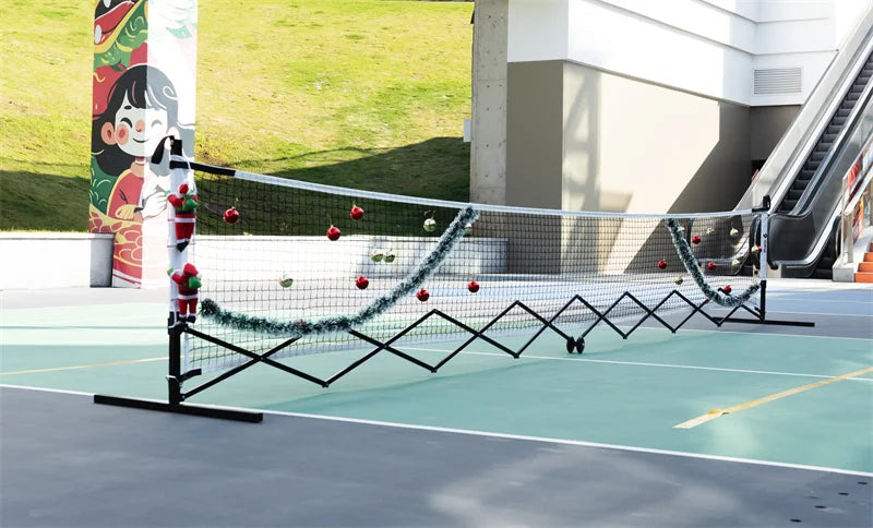 display the portable pickleball net with christmas decorations on a pickleball court