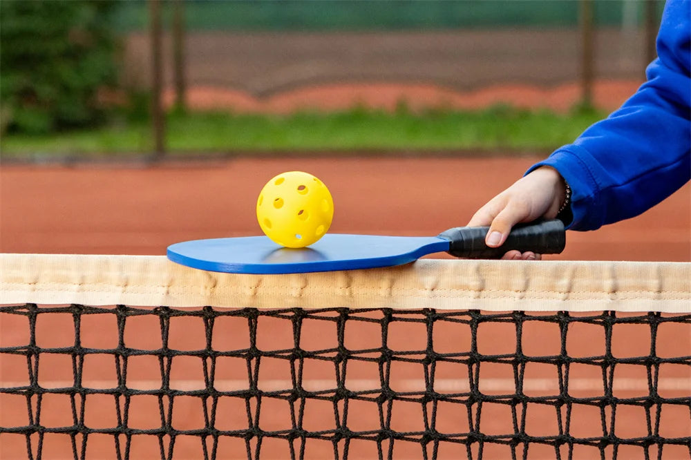 One person balances a pickleball on a paddle and rests the paddle on the net.