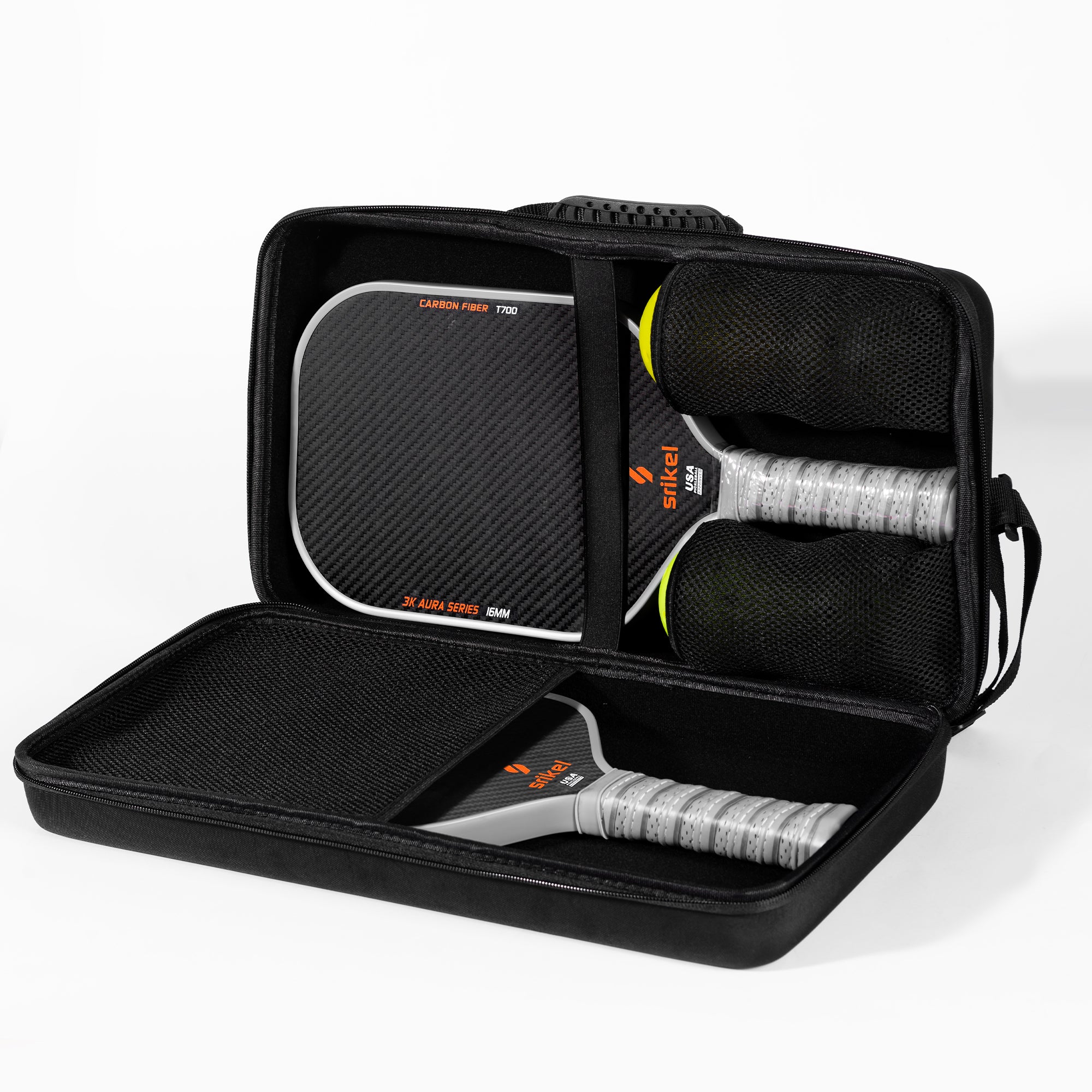 A Strikel Portable Pickleball Sling Bag with two pickleball paddles and 4 balls securely stored inside
