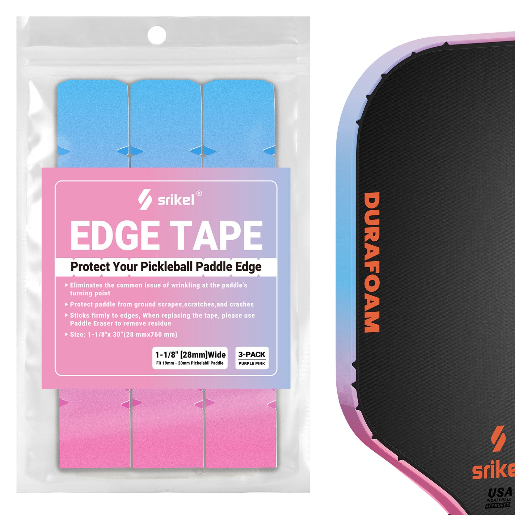 Fits 19-20mm purple pink gradient pickleball edge guard tape