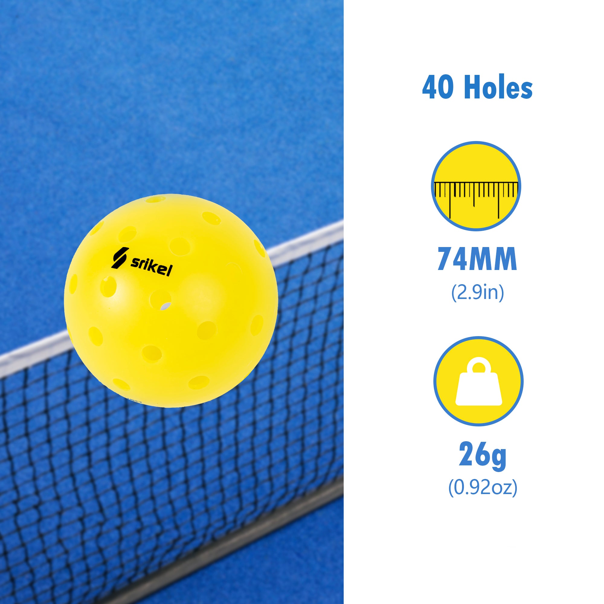 Yellow color XS-40 Outdoor Pickleball Balls Specifications